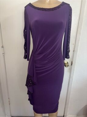 Joseph Ribkoff Purple Sequin-Trim Draped Midi Dress